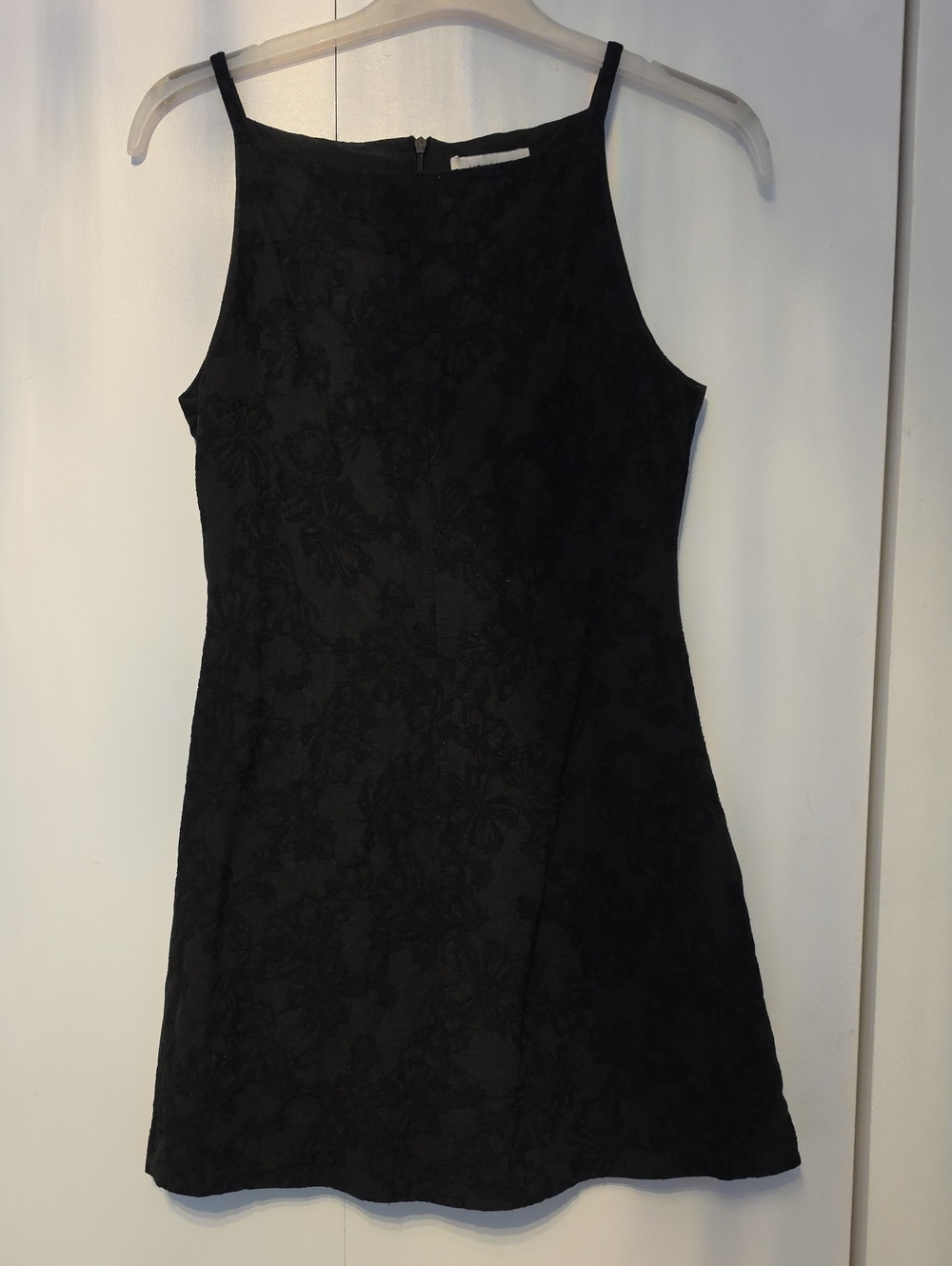Black Sleeveless Mini Dress with Floral Lace Texture